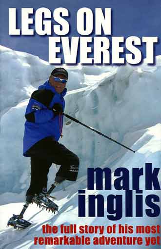
Mark Inglis testing his legs on the ice cliffs next to Everest North ABC - Legs On Everest book cover
